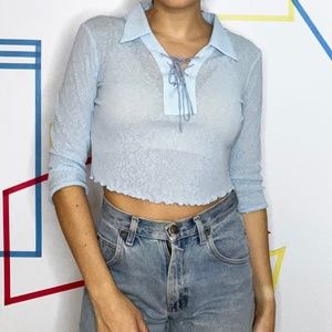 Blue Sheer Collared Crop Top